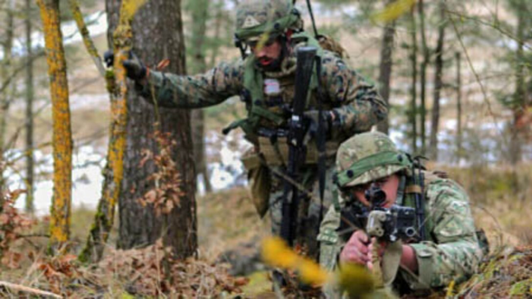 U.S. Marines and soldiers from the Republic of Georgia conduct a squad-patrol and Close Air Support familiarity exercise as part of the Georgia Deployment Program- ISAF at the Joint Multinational Readiness Center in Hohenfels, Germany, Feb. 10, 2014. What was formerly known as GDPI has now transitioned to Resolute Support Mission, in which Georgian soldiers and Marines focus on training, advising and assisting Afghan Security forces in ensuring stability and security in the region. 