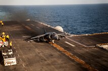 An AV-8B Harrier with Marine Medium Tiltrotor Squadron 161 (Reinforced), 15th Marine Expeditionary Unit, launches off the flight deck of the USS Essex (LHD 2) during Certification Exercise (CERTEX) off the coast of San Diego April 13, 2015. The MEU’s Harriers executed a long-range strike from off the coast of San Diego to training ranges near Hill Air Force Base, Utah.  CERTEX is the final test for the MEU before deploy along with the Sailors of the Essex Amphibious Ready Group in the spring.  (U.S. Marine Corps photo by Cpl. Elize McKelvey/Released)
