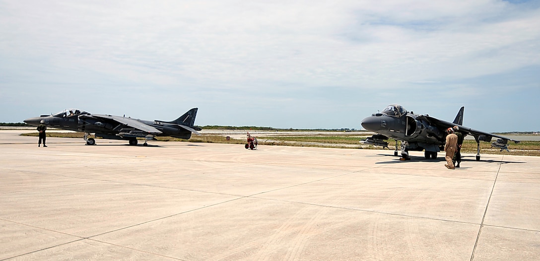 Two AV-8B Harriers assigned to Marine Attack Squadron 223 sit on the flight line at Boca Chica Field, Naval Air Station Key West, Fla., March 25, 2015. Marines with VMA-223 traveled to Key West to conduct air-to-air training March 18 – April 12.
The squadron conducted the training to refine its ability to provide offensive air support, armed reconnaissance and aerial defense for the Marine Air-Ground Task Force.
