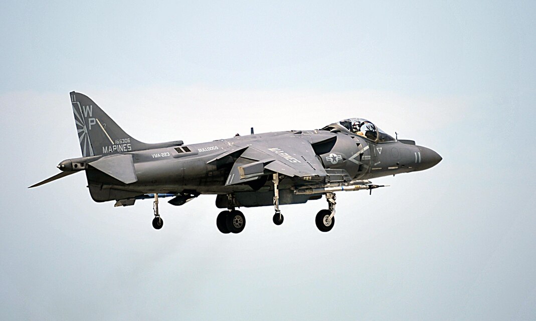 The pilot of an AV-8B Harrier assigned to Marine Attack Squadron 223 flies above Boca Chica Field, Naval Air Station Key West, Fla., March 25, 2015. Marines with VMA-223 traveled to Key West to conduct air-to-air training March 18 – April 12.The squadron conducted the training to refine its ability to provide offensive air support, armed reconnaissance and aerial defense for the Marine Air-Ground Task Force.
