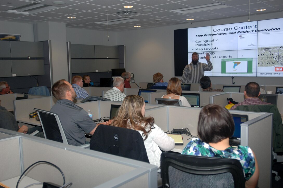 Bobby Sells, GIS manager for the U.S. Army Corps of Engineers Nashville District, shares course content April 6, 2015 with a group of park rangers and regulators taking a four-day class on how to collect geospatial data for natural resource management and to protect the nation's waterways.  The class was held at the Nashville District headquarters in Nashville, Tenn.
