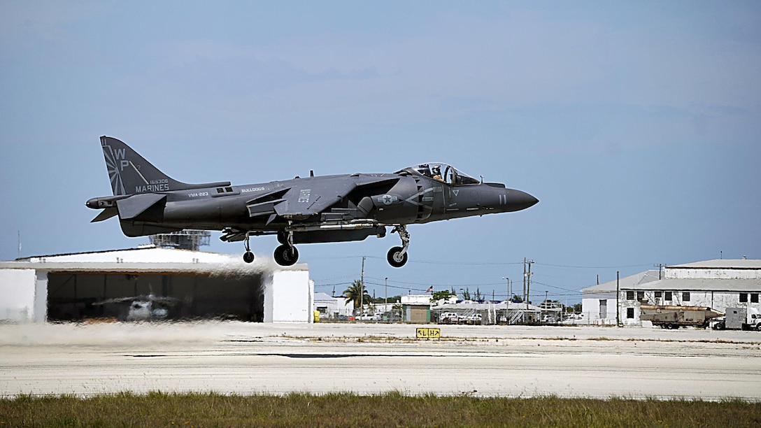 An AV-8B Harrier assigned to the Bulldogs of Marine Attack Squadron (VMA) 223 launches from Boca Chica Field, Key West, Florida March 25. Naval Air Station Key West is a state-of-the-art facility for air-to-air combat fighter aircraft of all military services and provides world-class pierside support to U.S. and foreign naval vessels. (U.S. Navy photo by Mass Communication Specialist 1st Class Brian Morales/ Released)