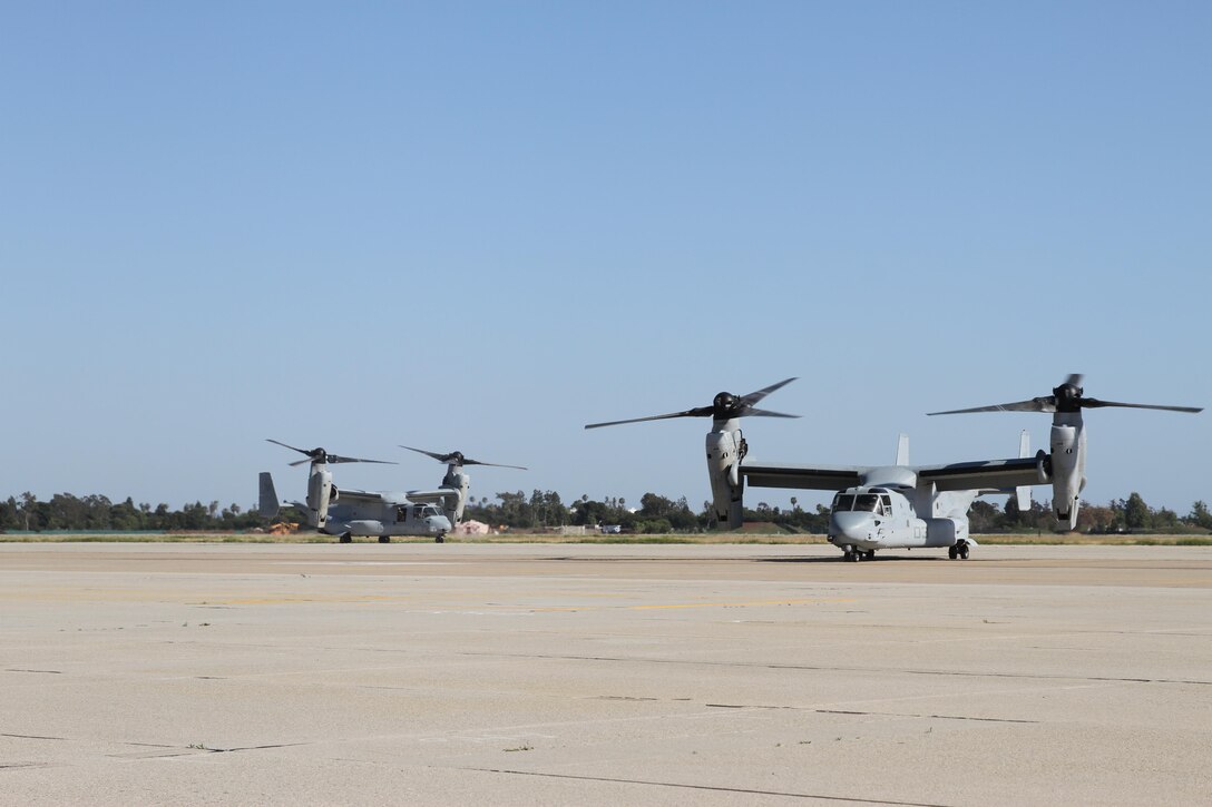 MV-22B Ospreys carrying Marines with Company I, 3rd Battalion, 1st Marine Regiment land on the airstrip at Joint Reserve Training Center Los Alamitos, Calif., April 11, 2015. The Marines were there to conduct a simulated embassy reinforcement operation as a part of the 15th Marine Expeditionary Unit’s certification exercise, the last training exercise the MEU conducts before deployment.