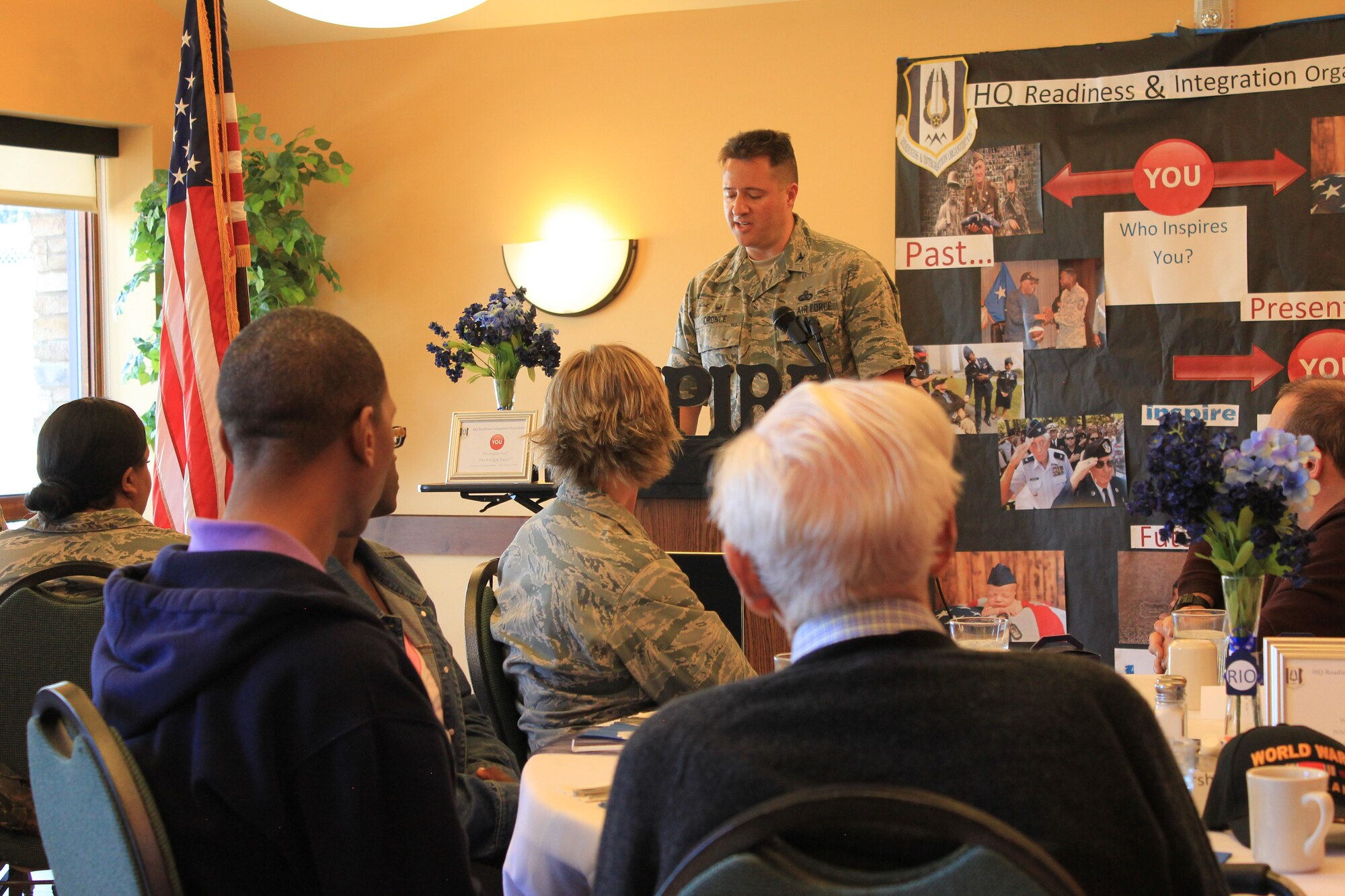 Col. Christopher Cronce, Headquarters Individual Reservist Readiness and Integration Organization commander, addresses the attendees at the organization's wingman day, April 9. The lunch event brought HQ RIO Airmen together with Air Force veterans of World War II, Korea and Vietnam in a celebration of Air Force heritage.