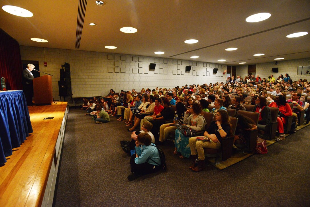 Director of the Middle Tennessee STEM Innovation Hub, Dr. Vicki Metzgar,  talks with students attending an awards ceremony at the conclusion of the Science, Technology, Engineering and Mathematics Science Expo STEM exhibit sponsored by the Middle Tennessee STEM Innovation Hub at the Middle Tennessee State University in Murfreesboro on April 9.  More than 300 students attended the expo with teams producing and managing 150 projects from 30 counties in middle Tennessee that included; Metro Nashville public schools, Sumner County, Clarksville-Montgomery County School System, private schools and the newest additions…Rutherford and Wilson counties.  