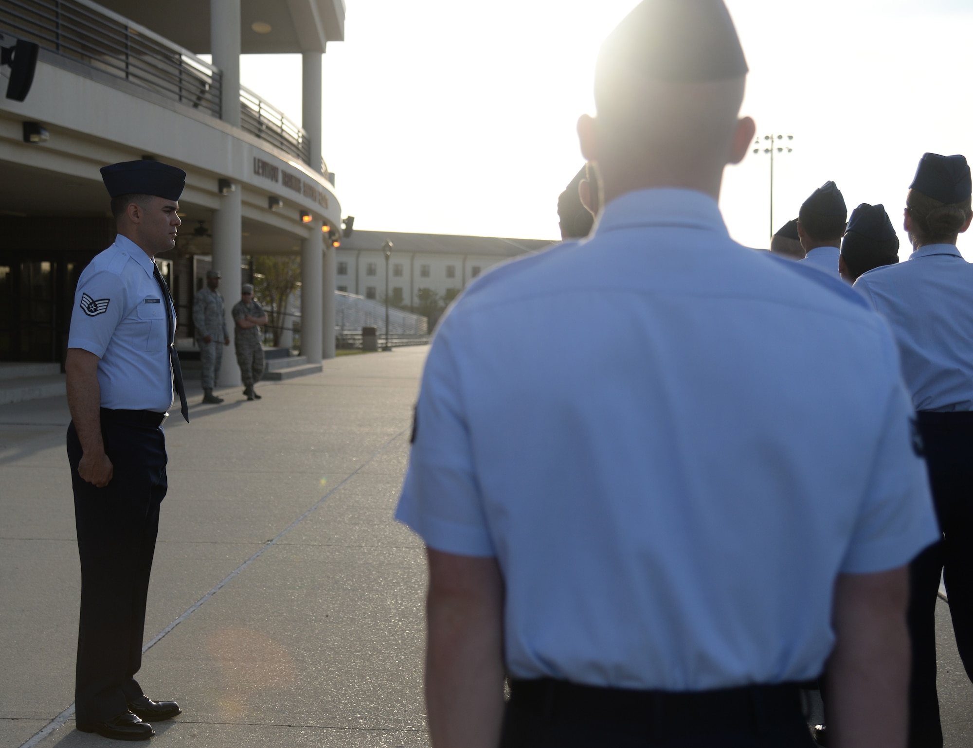 Staff Sgt. Jordan Sanchez, 335th Training Squadron military training leader, conducts open ranks during the 2015 Top Tech competition April 9, 2015, Keesler Air Force Base, Miss. Four military training leaders participated in the competition by performing drill, open ranks and a 20-minute briefing. (U.S. Air Force photo by Senior Airman Holly Mansfield)