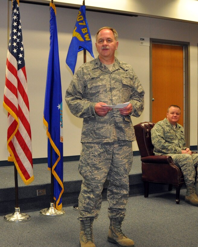 U.S. Air Force Col. Mark Nielsen addresses the troops after assuming command of the 307th Medical Squadron, April 12, 2015 at Barksdale Air Force Base, La Col. Nielsen is returning to the 307th Medical Squadron after working at the U.S. Air Force Academy as Individual Mobilization Augmentee to the United States Air Force Academy Command Surgeon and to the Commander of the 10th Medical Group for the past two years. (U.S. Air Force photo by Master Sgt. Laura Siebert/Released)