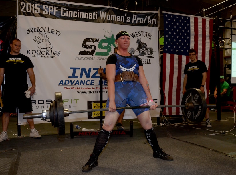 Staff Sgt. April Spilde, U.S. Air Force Honor Guard formal training instructor, deadlifts 340 pounds during the 2015 Cincinnati Women’s Professional and Amateur Powerlifting Meet in Cincinnati, Ohio, April 11, 2015. Spilde is an award-winning amateur powerlifter and has been lifting for two years. (Courtesy photo/ Peter Spilde)