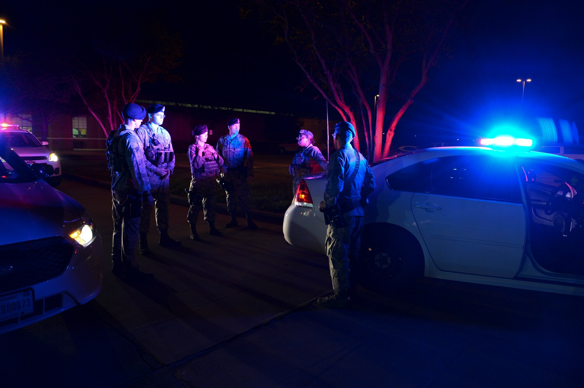 2nd Security Forces Squadron patrolmen respond to an incident on Barksdale Air Force Base, La., April 8, 2015. 2nd SFS Airmen protect the installation 24 hours a day, 7 days a week. (U.S. Air Force photo/Senior Airman Joseph A. Pagán Jr.)