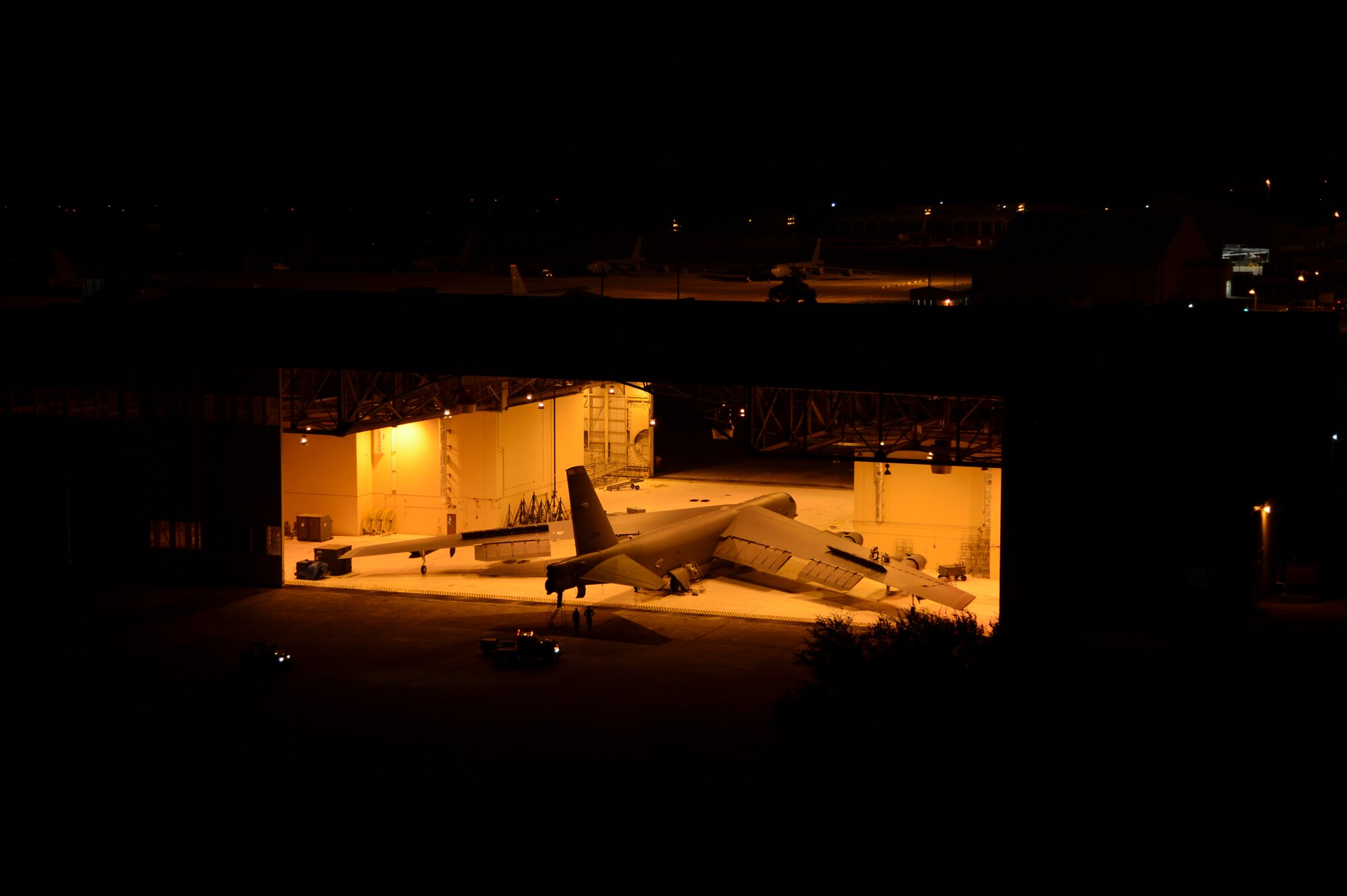 A B-52H Stratofortress receives maintenance inside a hangar on Barksdale Air Force Base, La., April 8, 2015. Although these aircraft are nearly 60 years old, they have the ability to execute every tasking for global strike operations anytime… anywhere. (U.S. Air Force photo/Senior Airman Joseph A. Pagán Jr.)