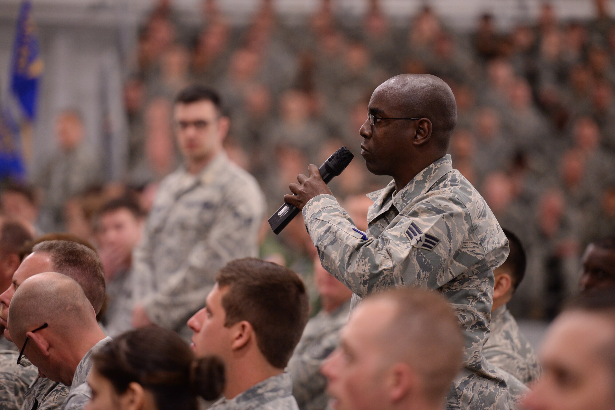 Over 1,000 Guard and Reserve Airmen had the opportunity listen to U.S. Air Force Chief of Staff Gen Mark A. Welsh III and his wife Betty speak about key issues affecting the Air Force here April 11.  They also asked questions regarding the Guard and Reserve (U.S. Air Force photo/Airman 1st Class Tyler Woodward/Released)
