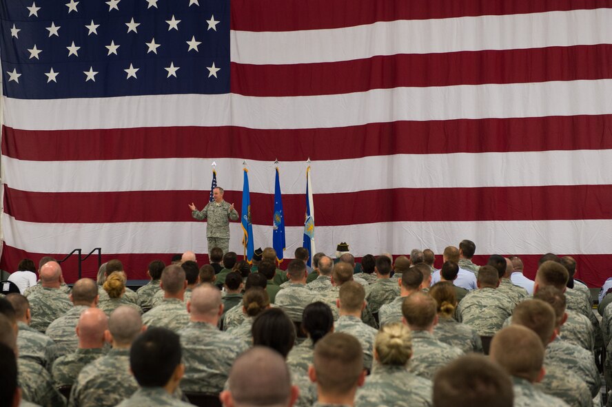 Over 1,000 Guard and Reserve Airmen had the opportunity listen to U.S. Air Force Chief of Staff Gen Mark A. Welsh III and his wife Betty speak about key issues affecting the Air Force here April 11.  (U.S. Air Force photo/Airman 1st Class Tyler Woodward/Released)