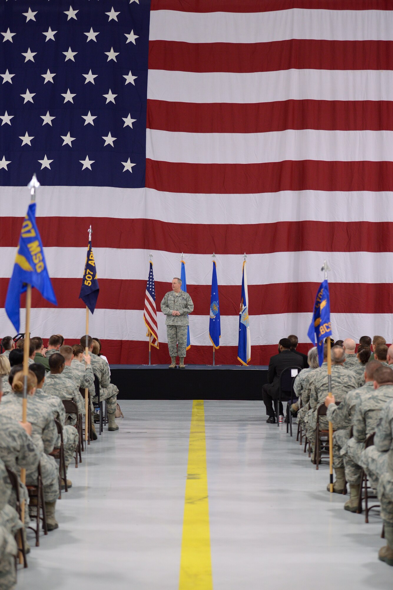 Chief of Staff of the Air Force Gen Mark A. Welsh III addresses Guard and Reserve Airmen during the April Unit Training Assembly at Tinker Air Force Base.  (U.S. Air Force photo/Staff Sgt. Caleb Wanzer/Released)