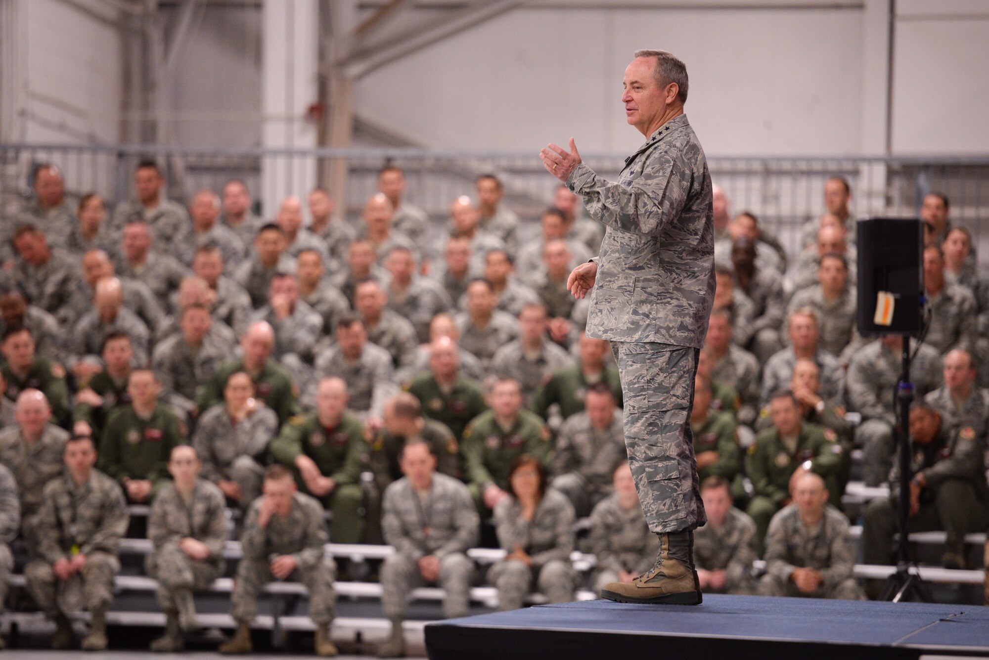 Over 1,000 Guard and Reserve Airmen had the opportunity to listen to U.S. Air Force Chief of Staff Gen Mark A. Welsh III speak April 11 about key issues affecting the Air Force. (U.S. Air Force photo/Staff Sgt. Caleb Wanzer/Released)