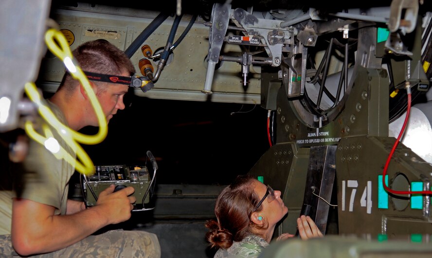 Senior Airman David Hansen, left, and Staff Sgt. Marcella Phillips, 2nd Aircraft Maintenance Squadron weapons loaders, detach and lower a common strategic rotary launcher from a B-52H Stratofortress on Barksdale Air Force Base, La., April 8, 2015. Weapons loaders are key to keeping the B-52 loaded with different configurations of munitions. (U.S. Air Force photo/Staff Sgt. Jason McCasland)