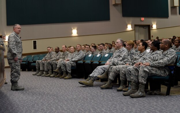 Lt. Gen. Thomas Travis, United States Air Force Surgeon General, talks to Airmen during an all call at Joint Base Andrews, Md., April 7, 2015. In this capacity, Travis advises the Secretary of the Air Force, Air Force Chief of Staff and Assistant Secretary of Defense for Health Affairs on aspects pertaining to the health of Air Force members. (U.S. Air Force photo/Airman 1st Class Ryan J. Sonnier)