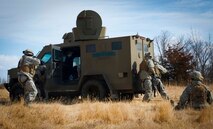 Members of the 791st Missile Security Forces Squadron convoy response force participate in a tactical training exercise in Garrison, N.D., March 26, 2015. The week-long training was in preparation for the Air Force Global Strike Command Road Warrior Exercise that is scheduled to take place in May. (U.S. Air Force photos/Airman 1st Class Sahara Fales)