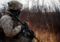 A member of the 791st Missile Security Forces Squadron convoy response force participates in a tactical training exercise in Garrison, N.D., March 26, 2015. The week-long training was in preparation for the Air Force Global Strike Command Road Warrior Exercise that is scheduled to take place in May. (U.S. Air Force photos/Airman 1st Class Sahara Fales)