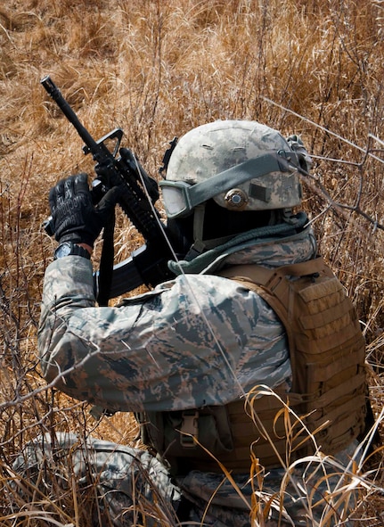 A member of the 791st Missile Security Forces Squadron convoy response force participates in a tactical training exercise in Garrison, N.D., March 26, 2015. The week-long training was in preparation for the Air Force Global Strike Command Road Warrior Exercise that is scheduled to take place in May. (U.S. Air Force photos/Airman 1st Class Sahara Fales)