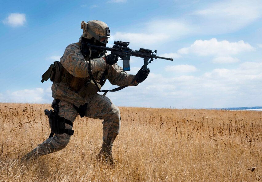 A member of the 791st Missile Security Forces Squadron convoy response force participates in a tactical training exercise in Garrison, N.D., March 26, 2015. The week-long training was in preparation for the Air Force Global Strike Command Road Warrior Exercise that is scheduled to take place in May. (U.S. Air Force photos/Airman 1st Class Sahara Fales)
