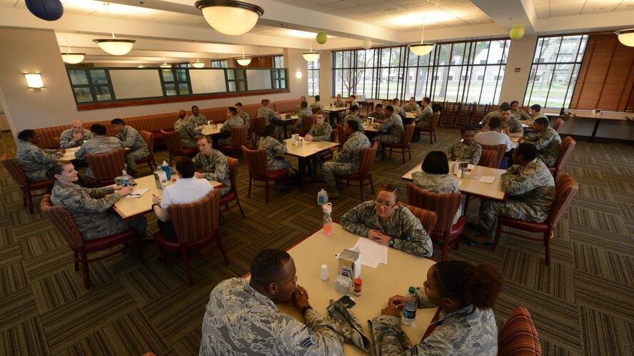 A group of Airmen speak with NCO’s about topics on their minds during the speed mentoring program held at the Chief Master Sgt. Emerson Williams Dining Facility at Shaw Air Force Base, S.C., March 25, 2015. The 5/6 Club designed the speed mentoring program, having individual sessions which lasted four minutes and discussed topics such as: retraining, area defense council, senior airman below the zone, five levels of leadership, the officer commissioning programs, stepping forward, awards and decorations and personal experiences. (U.S. Air Force photo by Senior Airman Tabatha Zarrella/Released)