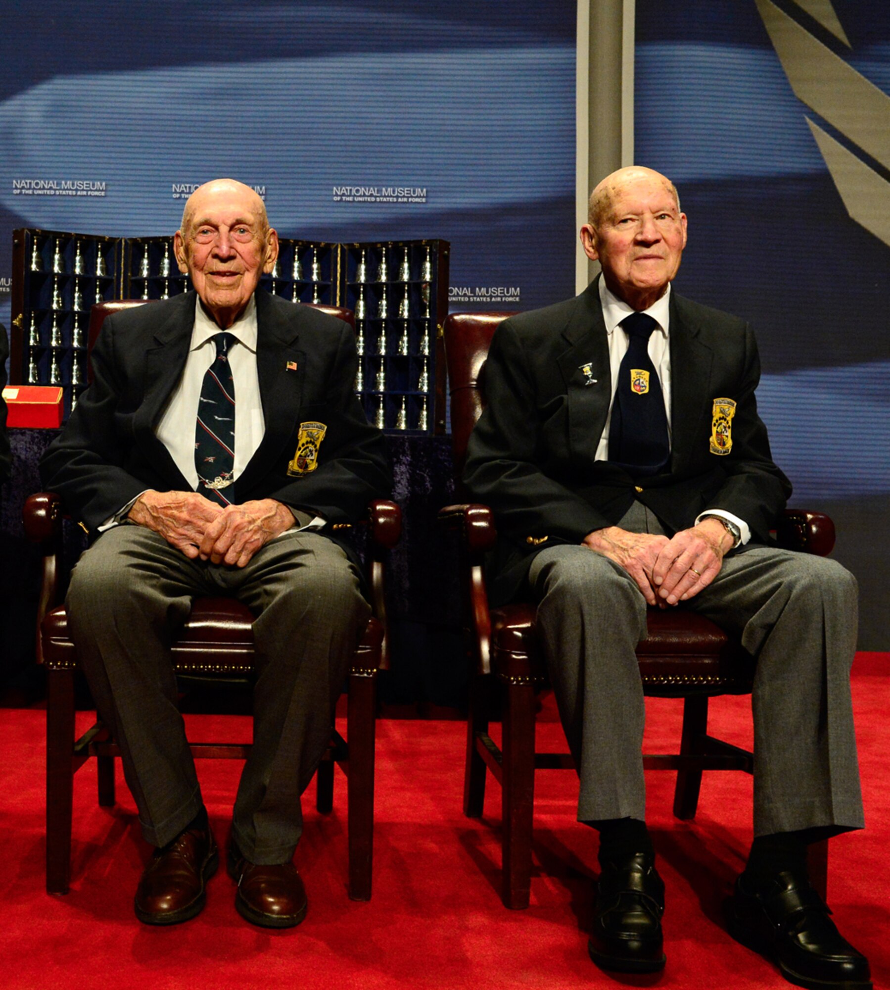 DAYTON, Ohio -- The last two surviving Doolittle Tokyo Raiders, Lt. Col. Richard “Dick” E. Cole, co-pilot of Crew No. 1 (L), and Staff Sgt. David J. Thatcher, engineer-gunner of Crew No. 7 (R), plan to participate in a ceremony on April 18 to present the Raiders' Congressional Gold Medal to the National Museum of the United States Air Force.  (U.S. Air Force Photo)  