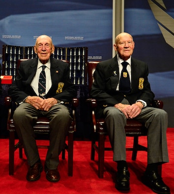 DAYTON, Ohio -- The last two surviving Doolittle Tokyo Raiders, Lt. Col. Richard “Dick” E. Cole, co-pilot of Crew No. 1 (L), and Staff Sgt. David J. Thatcher, engineer-gunner of Crew No. 7 (R), plan to participate in a ceremony on April 18 to present the Raiders' Congressional Gold Medal to the National Museum of the United States Air Force.  (U.S. Air Force Photo)  