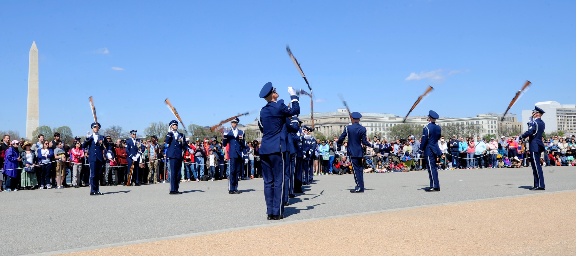 The United States Air Force Honor Guard performs during the Joint Service Drill Exhibition in Washington, D.C., April 11, 2015. The Old Guard, Army, Navy, Marines, Coast Guard and Naval Academy’s drill team also performed during the event. (U.S. Air Force photo/Airman 1st Class Ryan J. Sonnier)