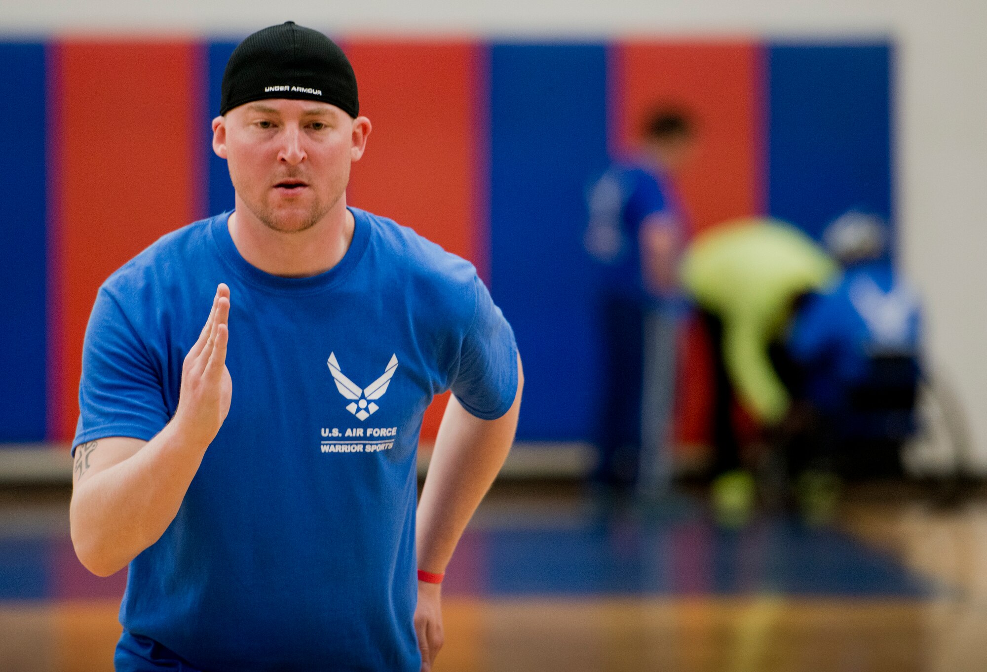Joshua Matticks, an Air Force Wounded Warrior athlete, performs a lunging walk during the first day of an introductory adaptive sports and rehabilitation camp at Eglin Air Force Base, Fla., April 13. The DOD’s military adaptive sports program enhances warrior recovery by engaging wounded, ill and injured service members in ongoing, daily adaptive activities, based on their interest and ability.  (U.S. Air Force photo/Samuel King Jr.)