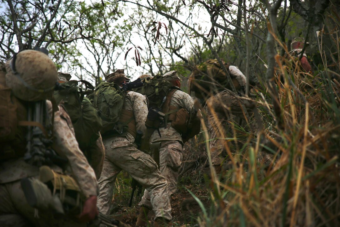 Marines hike up Ulupau Crater to Range 10 on Marine Corps Base Hawaii, April 8, 2015. The Marines are scouts and snipers assigned to Sniper Platoon, 2nd Battalion, 3rd Marine Regiment. The training was a departure from their usual flat-level or slight-elevation ranges.