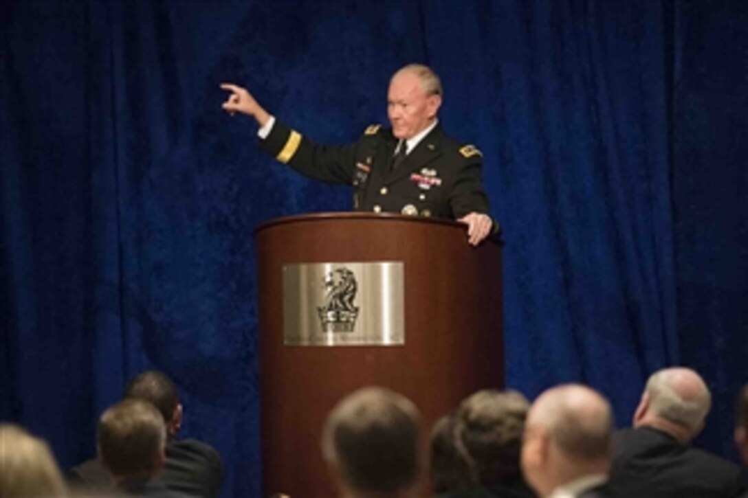 Army Gen. Martin E. Dempsey, chairman of the Joint Chiefs of Staff, makes remarks at a Volunteer Leadership Symposium breakfast hosted by Notre Dame University at the Ritz Carlton hotel in Washington D.C., April, 14, 2015.