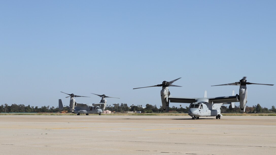 MV-22B Ospreys carrying Marines with Company I, 3rd Battalion, 1st Marine Regiment land on the airstrip at Joint Reserve Training Center Los Alamitos, California, April 11, 2015. The Marines were there to conduct a simulated embassy reinforcement operation as a part of the 15th Marine Expeditionary Unit’s certification exercise, the last training exercise the MEU conducts before deployment.