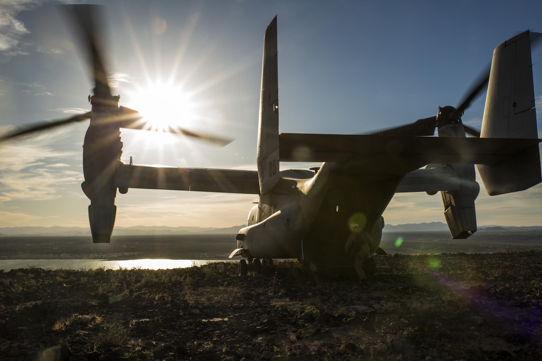 An MV-22B Osprey with Marine Operational Test and Evaluation Squadron 22, prepares to take off while on top of a mountain during a flight aboard Kirtland Air Force Base, Albuquerque, New Mexico, April 2, 2015. During the flight the Marines conducted low visibility landing, flew through mountainous terrain and at low altitudes. (U.S. Marine Corps photo by Cpl. Andy J. Orozco/Released)