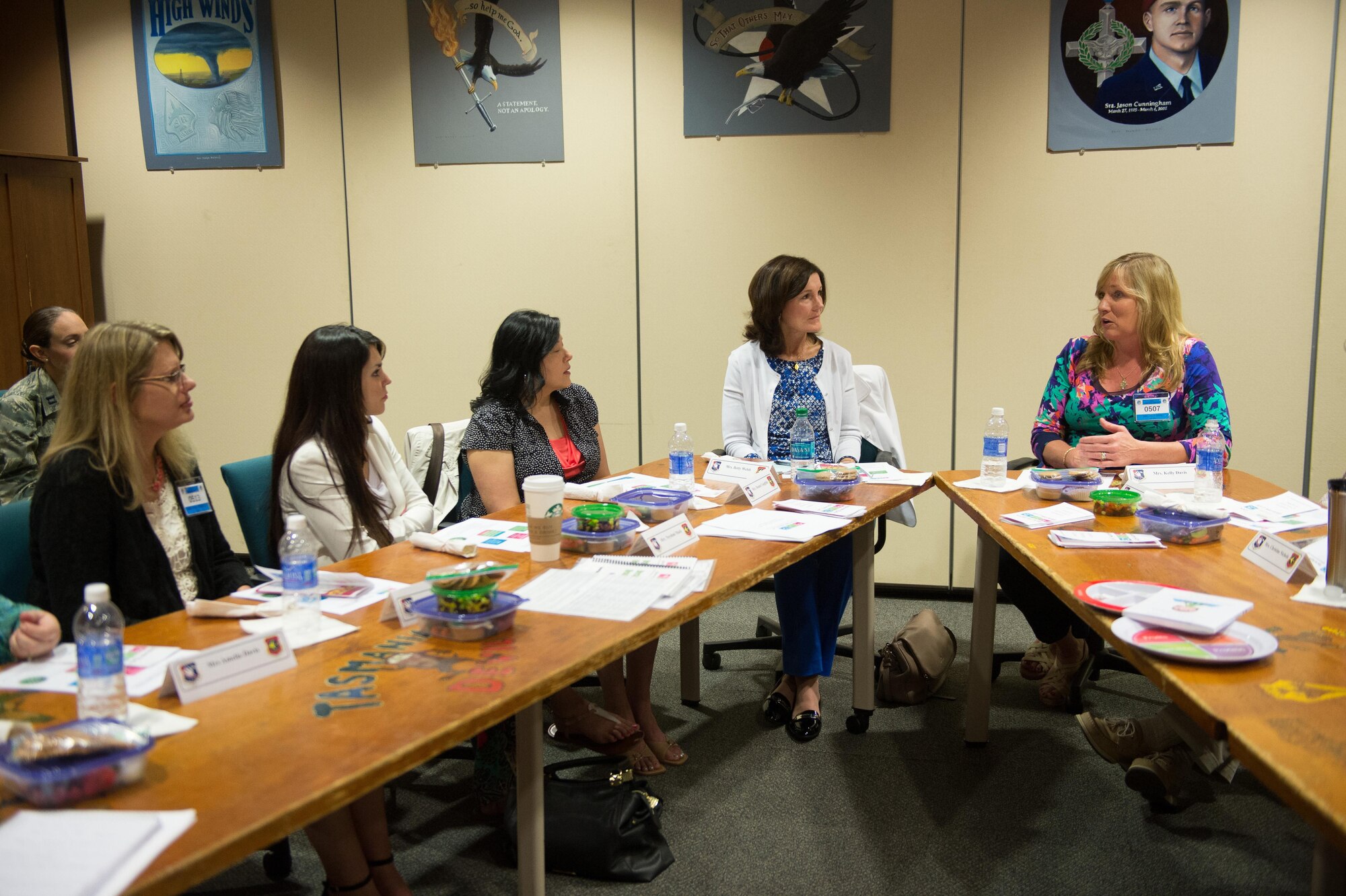 Betty Welsh, wife of Chief of Staff of the Air Force, Gen. Mark Welsh III,  speaks with members of the Key Spouse Programs from the 137th and 507th Air Refueling Wings at Tinker Air Force Base, Oklahoma, April 11, 2015. The women spoke about child care, mental and physical health, and how to connect with other spouses. (Air National Guard photo by Senior Airman Kasey Phipps)