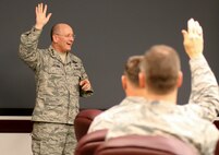 The 960th Cyberspace Operations Group Airmen were given an opportunity to voice their concerns and ask questions of Lieutenant General James F. Jackson, Air Force Reserve Command commander, during a town hall meeting April 10 at Joint Base San Antonio-Lackland, Texas. The 960 CyOG provides combat-ready forces with specialized expertise, continuity and residency in the operations, defense and extension of Air Force and Department of Defense Global Information Grids in support of access to the global commons through Cyberspace for National Interests. (U.S. Air Force photo/Master Sgt. Josh Woods)