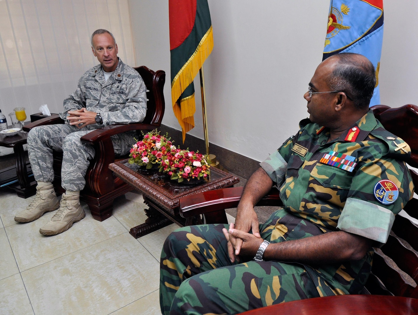 Maj. Dan Schilling, the former director of the Oregon National Guard’s State Partnership Program, meets with Lt. Gen. Mohammed Abdul Wadud, the principle staff officer for the Armed Forces Division of Bangladesh in Dhaka, Aug. 9, 2010.  Schilling and officials from the Portland International Airport met with Bangladeshi transportation officials to discuss security and safety protocols, based on a collaborative work plan developed in April. The group also discussed joint training and information sharing for disaster response, humanitarian aid, and training exercises as part of an overall SPP strategic plan.
