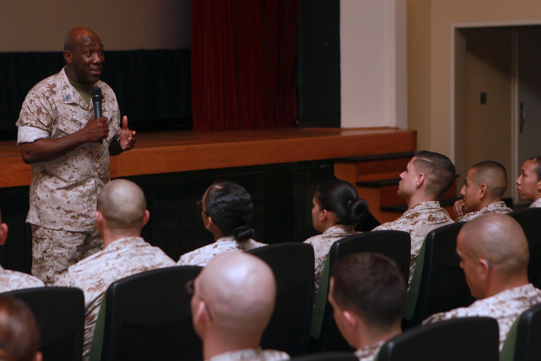 Sgt. Maj. Ronald L. Green, the 18th Sergeant Major of the Marine Corps, addresses Marines assigned to Marine Corps Recruit Depot Parris Island, S.C., April 9, 2015. (U.S. Marine Corps photo by Sgt. Marionne T. Mangrum)