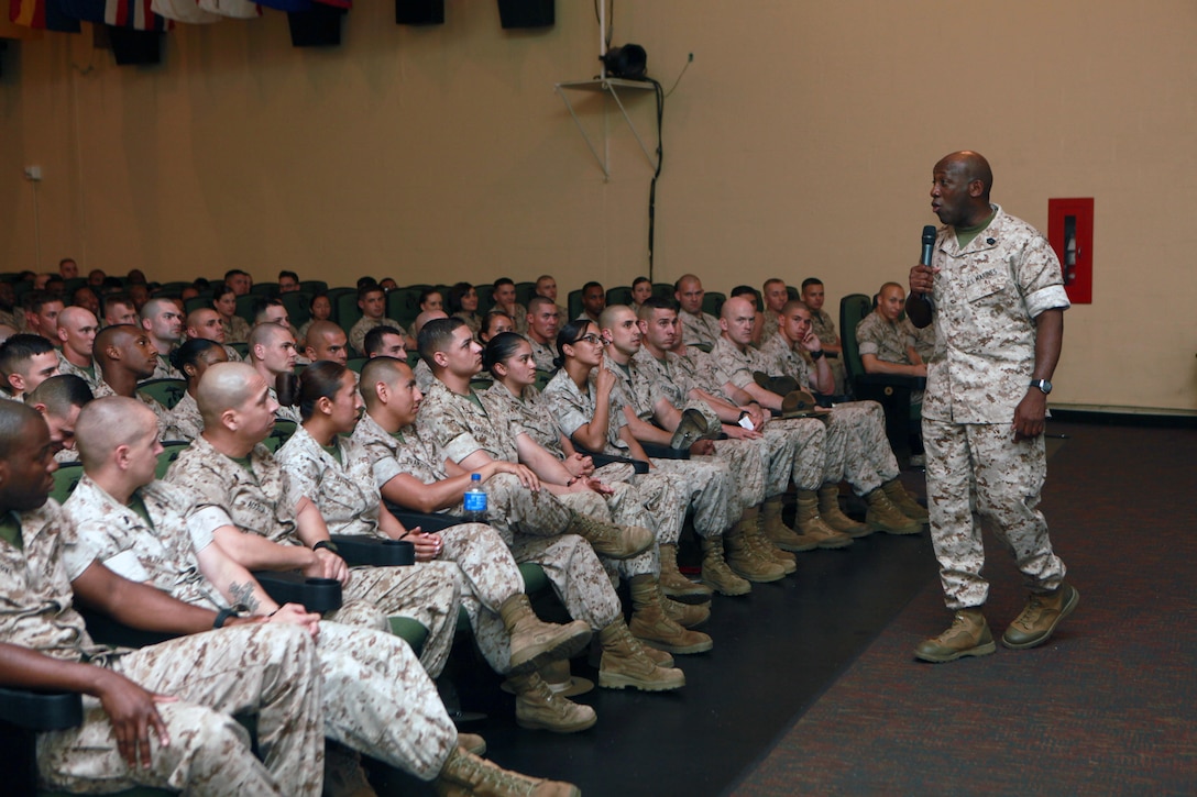 Sgt. Maj. Ronald L. Green, the 18th Sergeant Major of the Marine Corps, addresses Marines assigned to Marine Corps Recruit Depot Parris Island, S.C., April 9, 2015. (U.S. Marine Corps photo by Sgt. Marionne T. Mangrum)