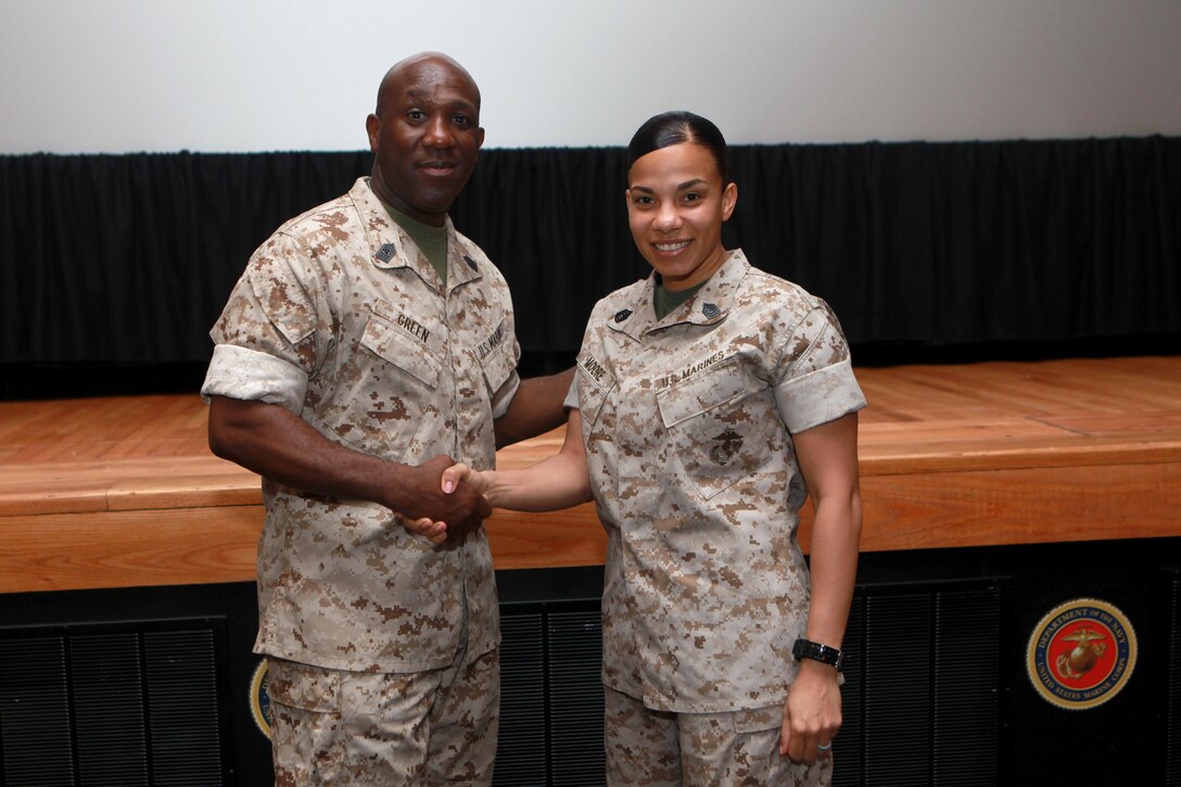 Sgt. Maj. Ronald L. Green, the 18th Sergeant Major of the Marine Corps, addresses Marines assigned to Marine Corps Recruit Depot Parris Island, S.C., April 9, 2015. (U.S. Marine Corps photo by Sgt. Marionne T. Mangrum)