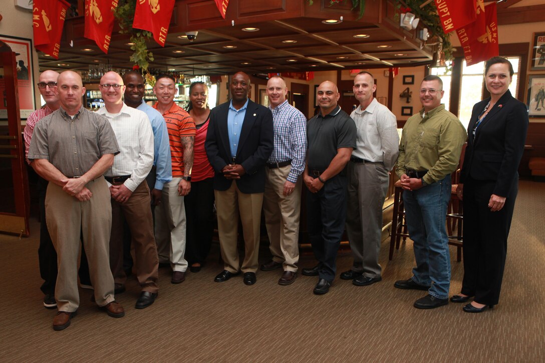 Sgt. Maj. Ronald L. Green, the 18th Sergeant Major of the Marine Corps, attends a social with senior enlisted Marines assigned to Marine Corps Recruit Depot Parris Island, S.C., April 8, 2015. (U.S. Marine Corps photo by Sgt. Marionne T. Mangrum)