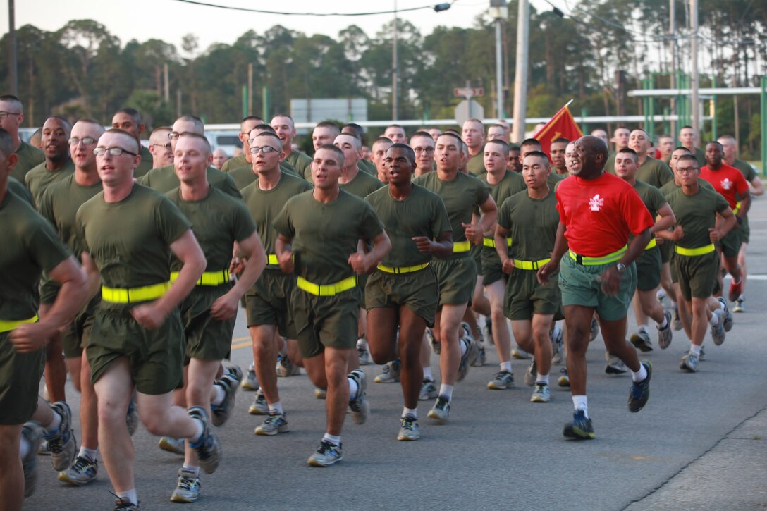 Sgt. Maj. Ronald L. Green, the 18th Sergeant Major of the Marine Corps, calls running cadence during a motivational run at Marine Corps Recruit Depot Parris Island, S.C., April 9, 2015. (U.S. Marine Corps photo by Sgt. Marionne T. Mangrum)
