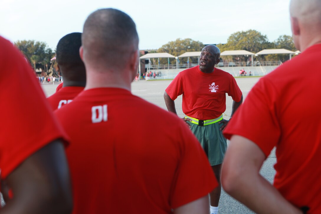 Sgt. Maj. Ronald L. Green, the 18th Sergeant Major of the Marine Corps, speaks to a group of Drill Instructors following a motivational run at Marine Corps Recruit Depot Parris Island, S.C., April 9, 2015. (U.S. Marine Corps photo by Sgt. Marionne T. Mangrum)