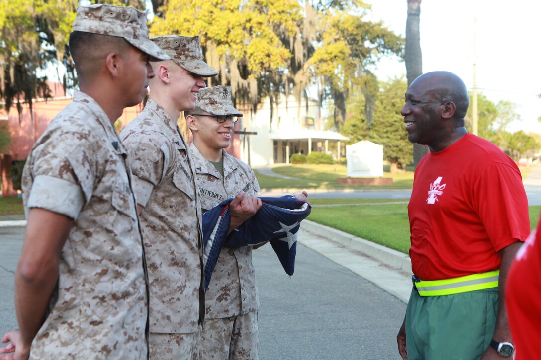Sgt. Maj. Ronald L. Green, the 18th Sergeant Major of the Marine Corps, speaks to Marines following a motivational run at Marine Corps Recruit Depot Parris Island, S.C., April 9, 2015. (U.S. Marine Corps photo by Sgt. Marionne T. Mangrum)