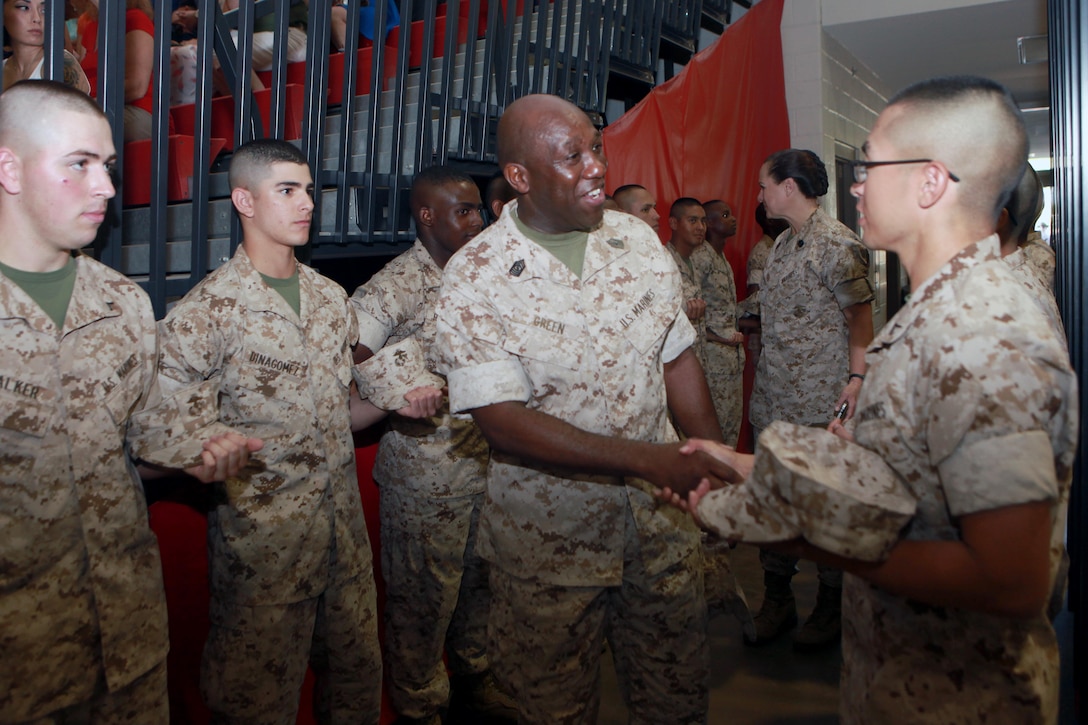 Sgt. Maj. Ronald L. Green, the 18th Sergeant Major of the Marine Corps, speaks to new Marines prior to their naturalization ceremony at Marine Corps Recruit Depot Parris Island, S.C., April 9, 2015. (U.S. Marine Corps photo by Sgt. Marionne T. Mangrum)