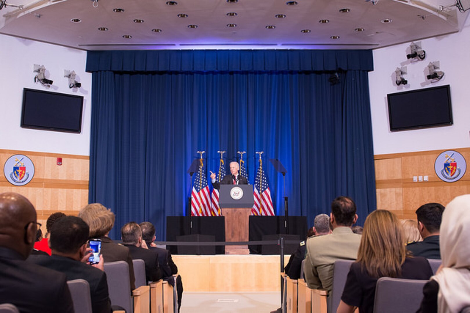 Vice President Joe Biden speaks in Lincoln Hall at NDU on 9 April 2015.