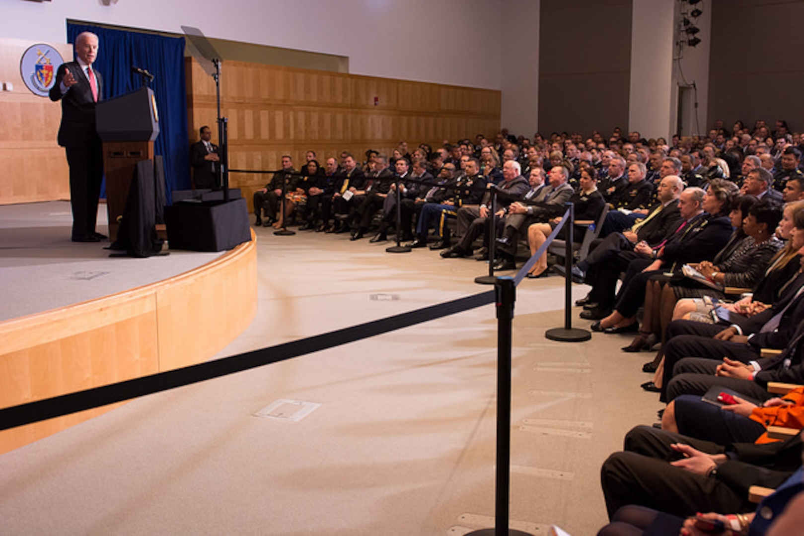 Vice President Joe Biden speaks in Lincoln Hall at NDU on 9 April 2015.