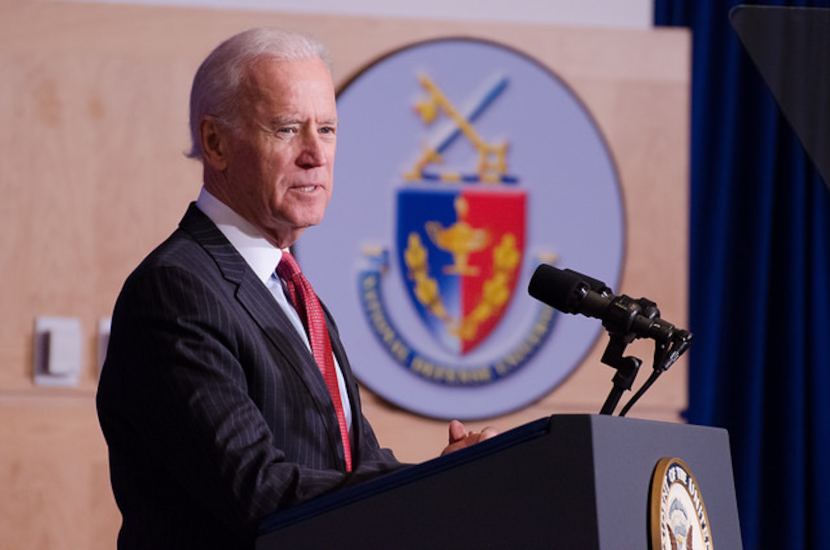 Vice President Joe Biden speaks in Lincoln Hall at NDU on 9 April 2015.