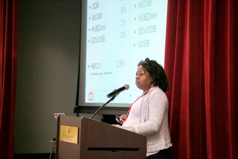 Tamika Gray, small business advocate at the U.S. Army Corps of Engineers, Baltimore District, notes the current level of contracts in multiple categories to the audience at the 2015 Industry Day.  