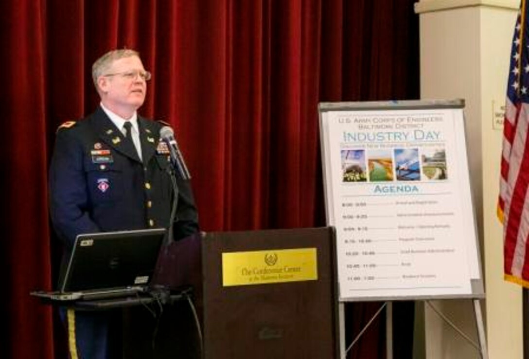 Col. Trey Jordan, Baltimore District commander, greets the more than 300 attendees at the 2015 Industry Day and provides a briefing on how the Corps of Engineers needs contractor engagement to complete its programs and projects.