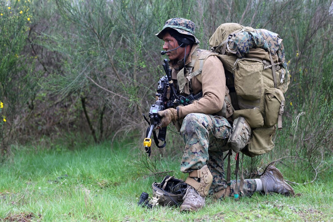Corporal David Stephens, assistant radio operator, Company C, 1st Reconnaissance Battalion, provides security for his team during a simulated casualty evacuation aboard Joint Base Lewis-McChord, Wash, April 10, 2015. Marines with the company operated in remote locations of the wilderness and provided surveillance of the surrounding area to paint the commander a picture of the battlefield. During the patrol, the reconnaissance men navigated through several kilometers of thick brush and provided surveillance on numerous named areas of interest. The patrol was one of many exercises the company will complete as part of a combat readiness evaluation in preparation for an upcoming deployment.
(U.S. Marine Corps photo by Sgt. Joseph Scanlan / released)